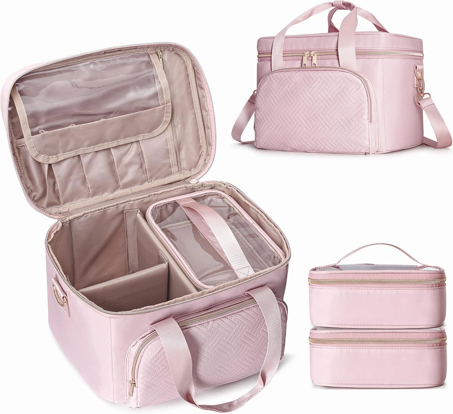 Travel Makeup Bag with 2 Pouches and Adjustable Dividers, Large Cosmetic Case Make up Organizer for Women Fits Bottles Vertically, Pink (Patented Design)