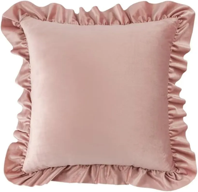 Velvet Throw Pillow - Blush Pink Square, 18x18 Inch, Ruffle Pillow for Bed, Living Room, Sofa, Chair, Floor, Window, Floating Seating Cushion