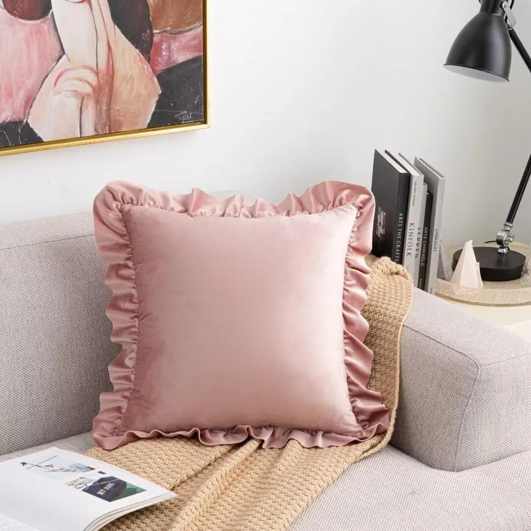Velvet Throw Pillow - Blush Pink Square, 18x18 Inch, Ruffle Pillow for Bed, Living Room, Sofa, Chair, Floor, Window, Floating Seating Cushion