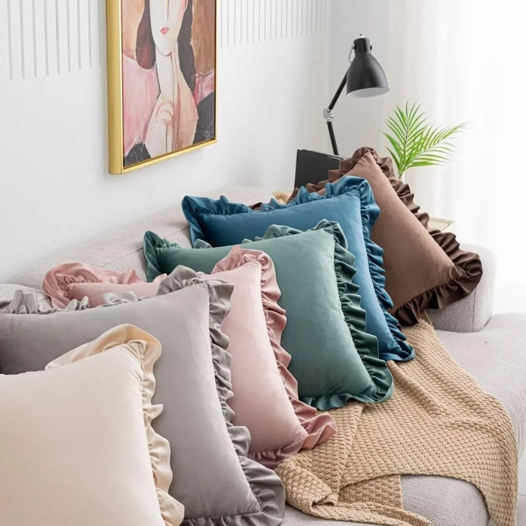 Velvet Throw Pillow - Blush Pink Square, 18x18 Inch, Ruffle Pillow for Bed, Living Room, Sofa, Chair, Floor, Window, Floating Seating Cushion