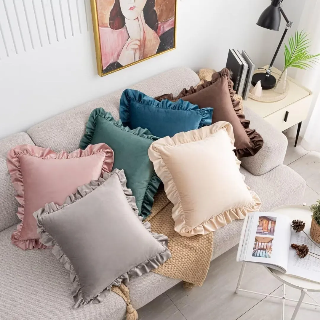 Velvet Throw Pillow - Blush Pink Square, 18x18 Inch, Ruffle Pillow for Bed, Living Room, Sofa, Chair, Floor, Window, Floating Seating Cushion