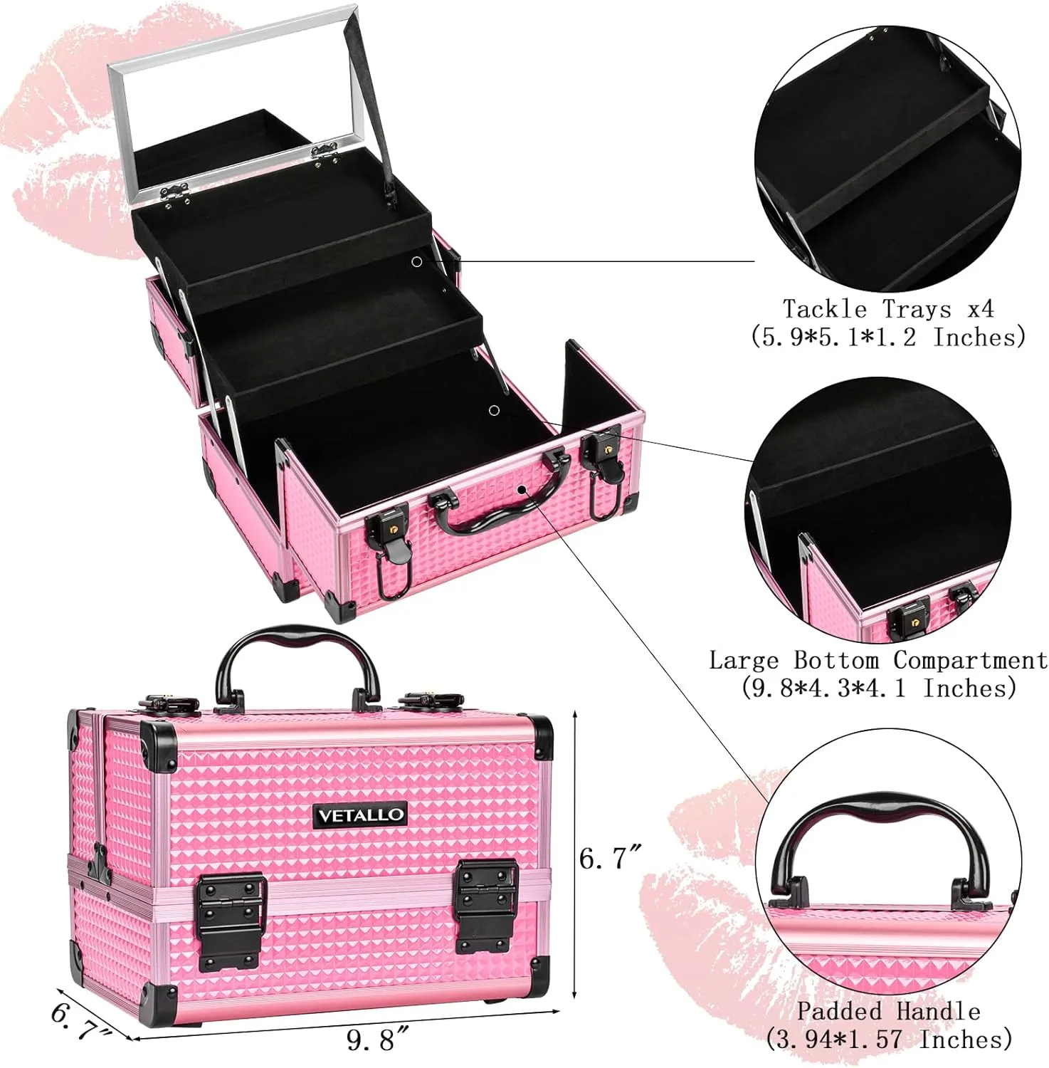 VETALLO Pink Lockable Train Case - Large Makeup Organizer with Mirror - Gifts for Her