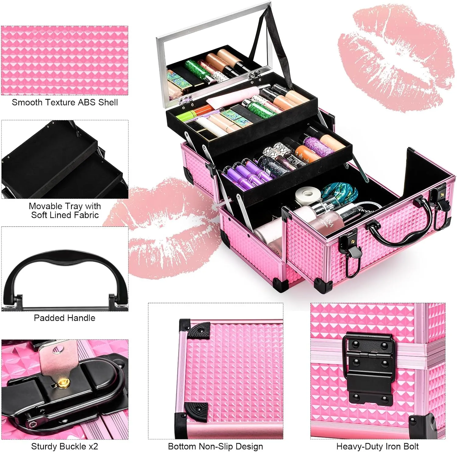 VETALLO Pink Lockable Train Case - Large Makeup Organizer with Mirror - Gifts for Her