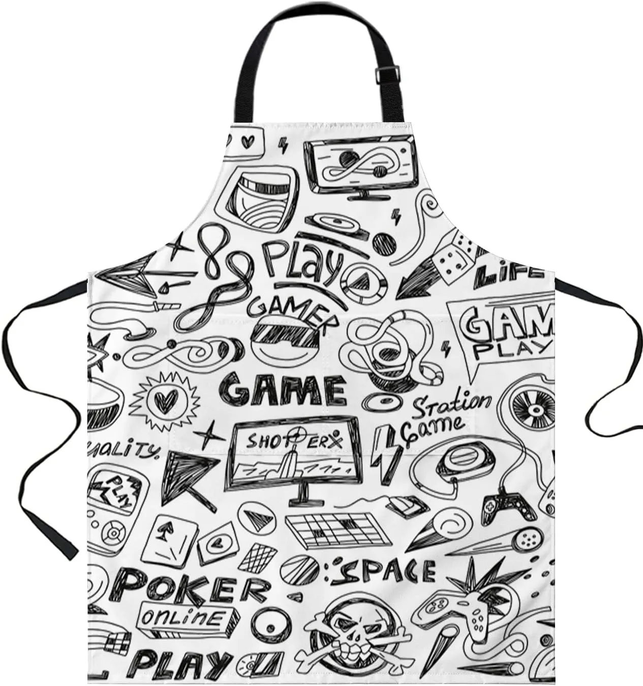 Video Game Waterproof Apron With Pockets, Black Grey Sketch Art Teen 90's Print Gaming Kitchen Chefs Bib Cooking BBQ Grill Bake Adjustable Aprons for Women/Kids Home Garden Grooming Painting Gardening