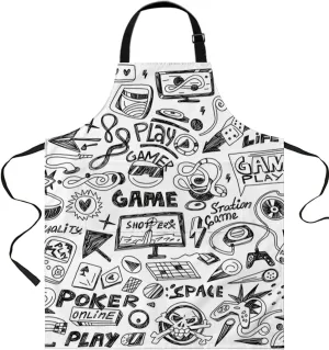 Video Game Waterproof Apron With Pockets, Black Grey Sketch Art Teen 90's Print Gaming Kitchen Chefs Bib Cooking BBQ Grill Bake Adjustable Aprons for Women/Kids Home Garden Grooming Painting Gardening