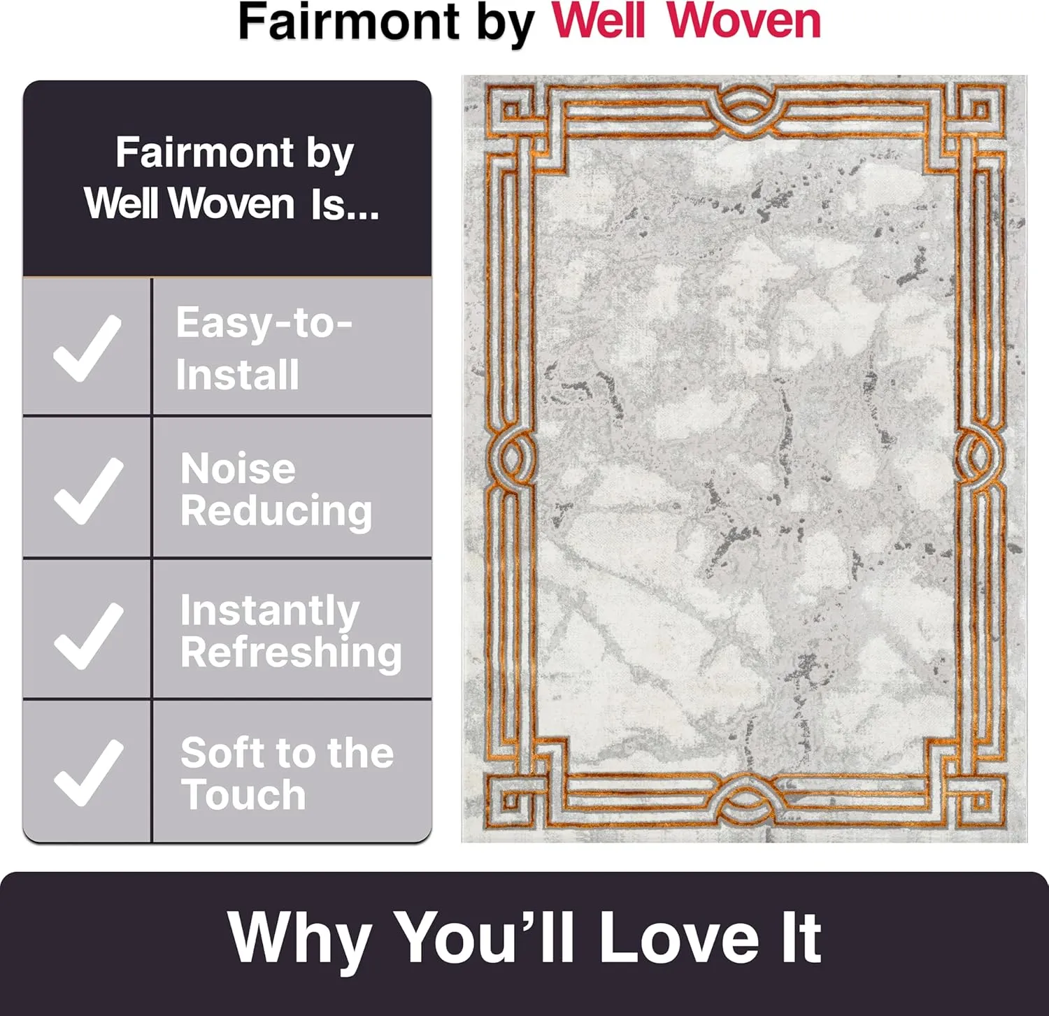 Well Woven Fairmont Collection Huntington Grey Gold & Ivory Marble Border Elegant & Soft 8x10 Area Rug Perfect for Bedroom & Living Room Durable Stain Resistant & Easy to Clean