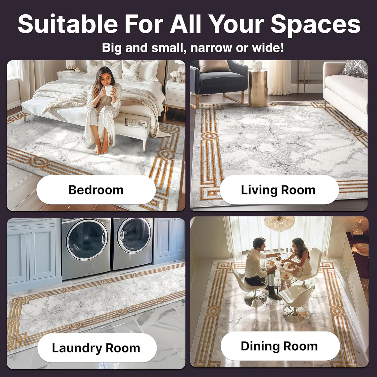 Well Woven Fairmont Collection Huntington Grey Gold & Ivory Marble Border Elegant & Soft 8x10 Area Rug Perfect for Bedroom & Living Room Durable Stain Resistant & Easy to Clean