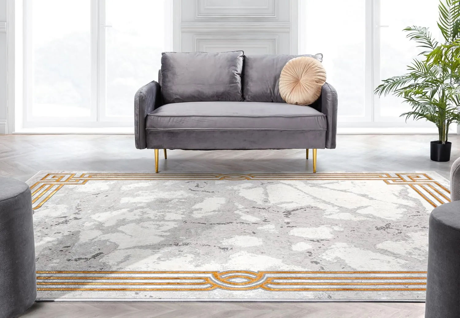 Well Woven Fairmont Collection Huntington Grey Gold & Ivory Marble Border Elegant & Soft 8x10 Area Rug Perfect for Bedroom & Living Room Durable Stain Resistant & Easy to Clean