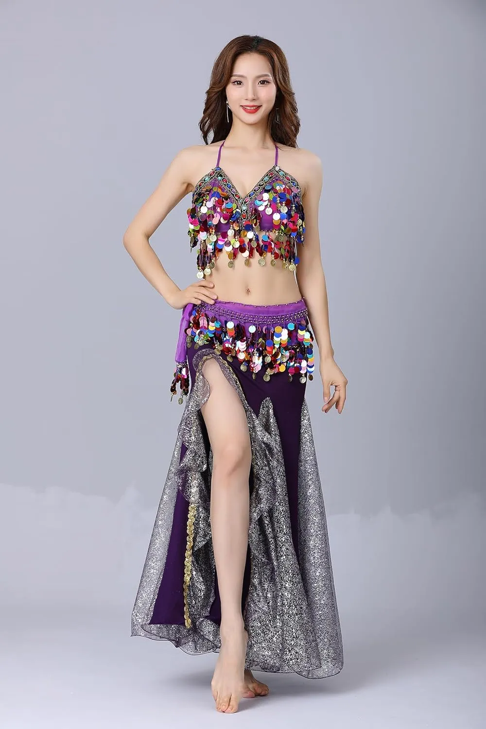 Women Belly Dance Dress Set Crop Top Padded Bra Top Sparkling Belly Dance Chiffon Skirts with Coins
