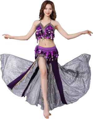Women Belly Dance Dress Set Crop Top Padded Bra Top Sparkling Belly Dance Chiffon Skirts with Coins