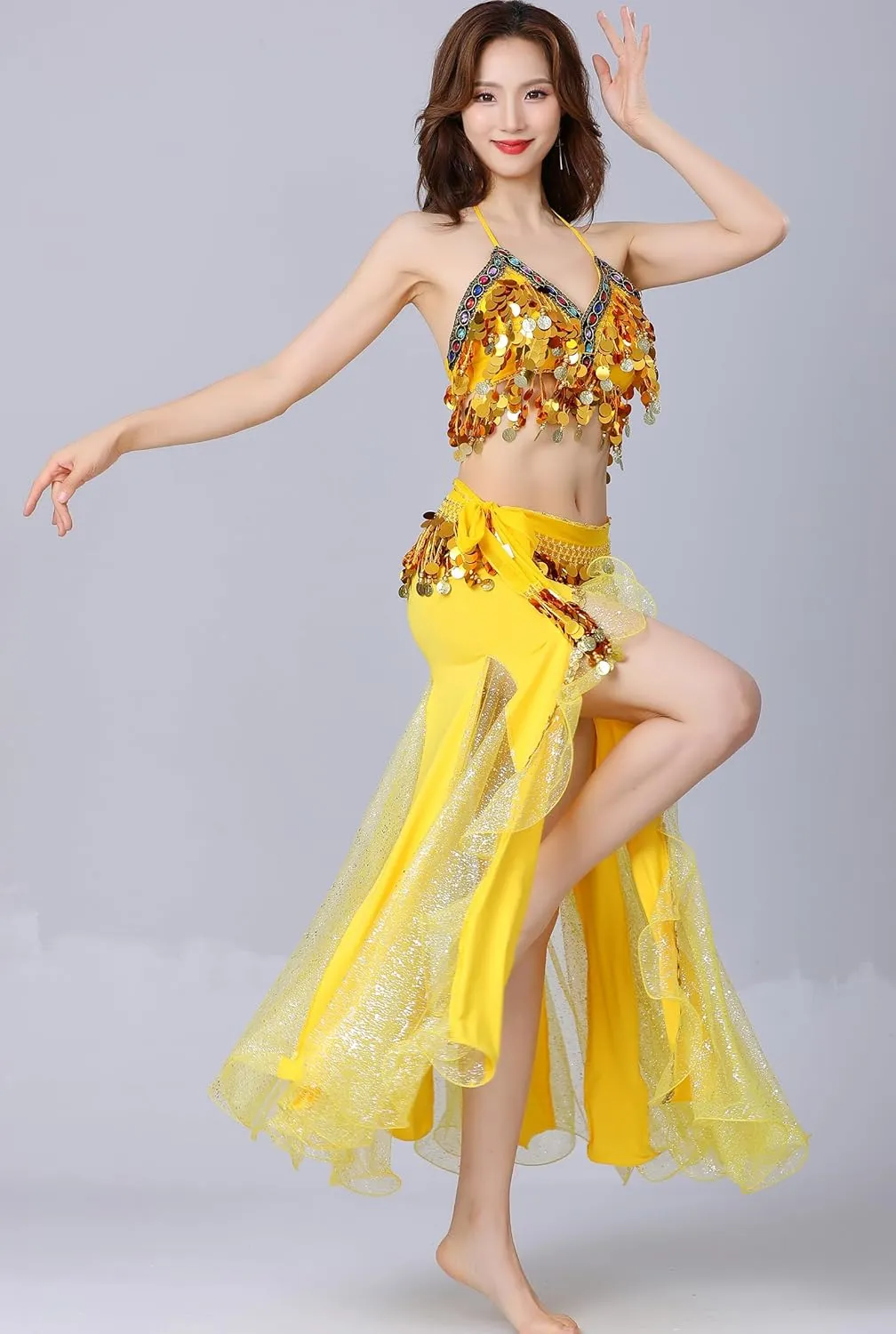 Women Belly Dance Dress Set Crop Top Padded Bra Top Sparkling Belly Dance Chiffon Skirts with Coins