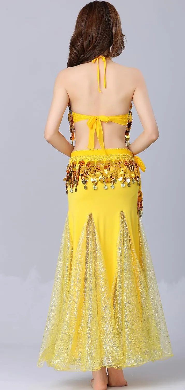 Women Belly Dance Dress Set Crop Top Padded Bra Top Sparkling Belly Dance Chiffon Skirts with Coins