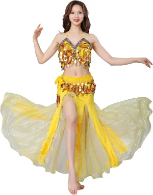 Women Belly Dance Dress Set Crop Top Padded Bra Top Sparkling Belly Dance Chiffon Skirts with Coins