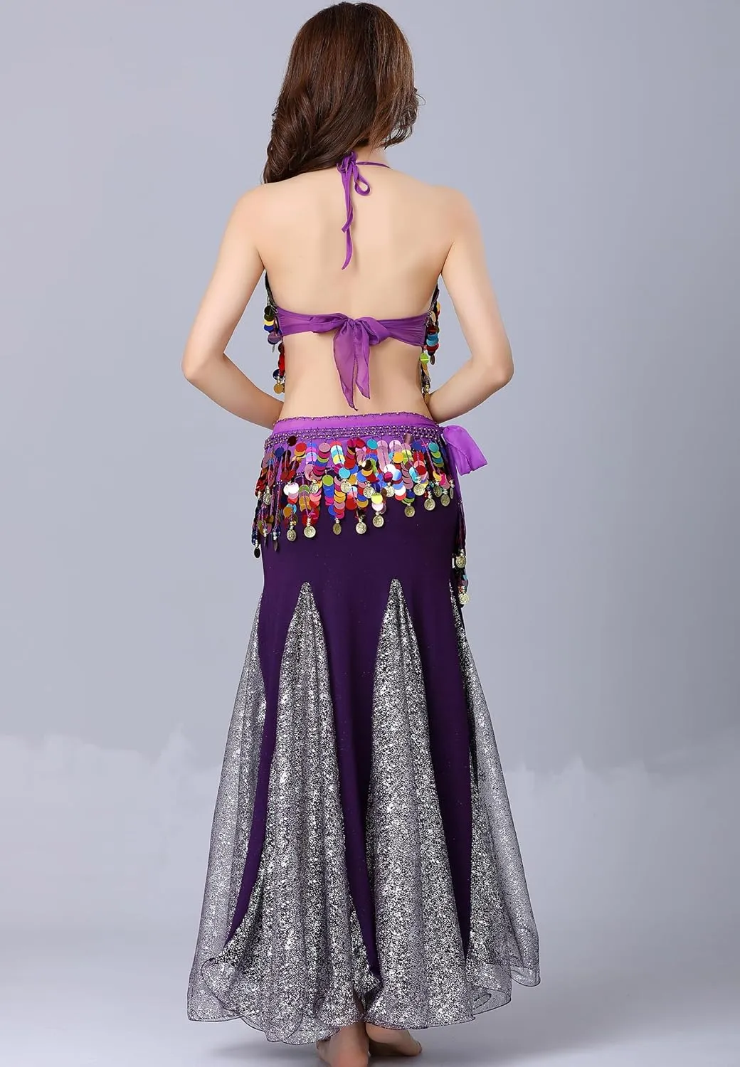 Women Belly Dance Dress Set Crop Top Padded Bra Top Sparkling Belly Dance Chiffon Skirts with Coins