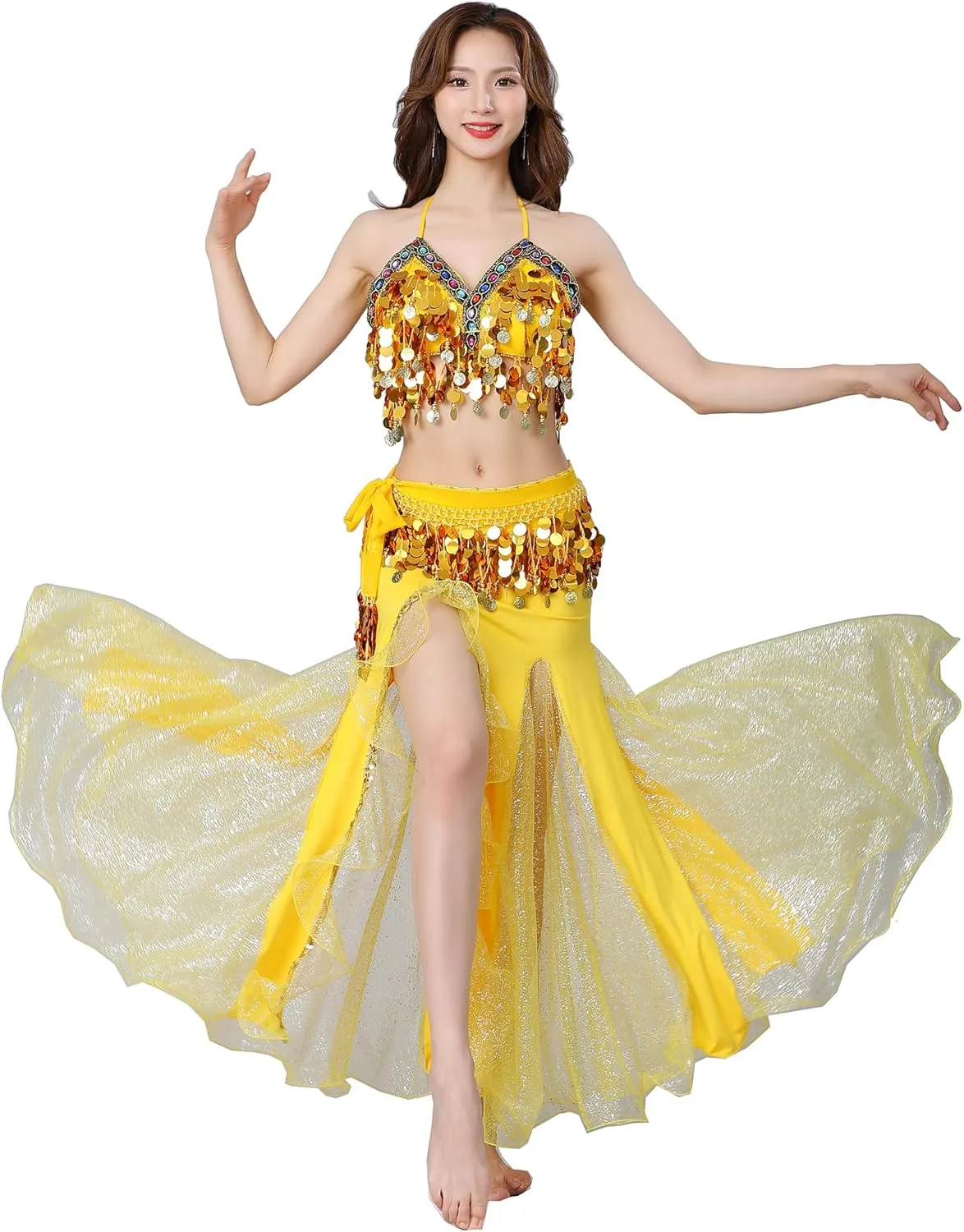 Women Belly Dance Dress Set Crop Top Padded Bra Top Sparkling Belly Dance Chiffon Skirts with Coins
