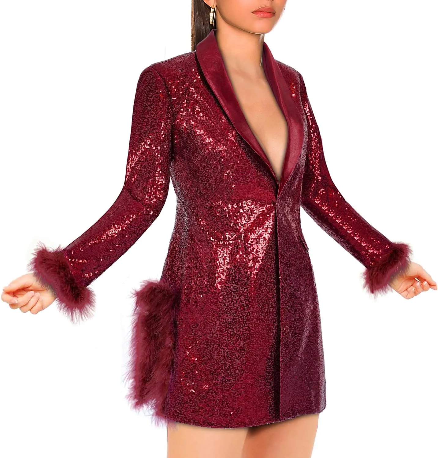 Women Sequin Jacket Long Sleeved Slim Blazer with Pocket