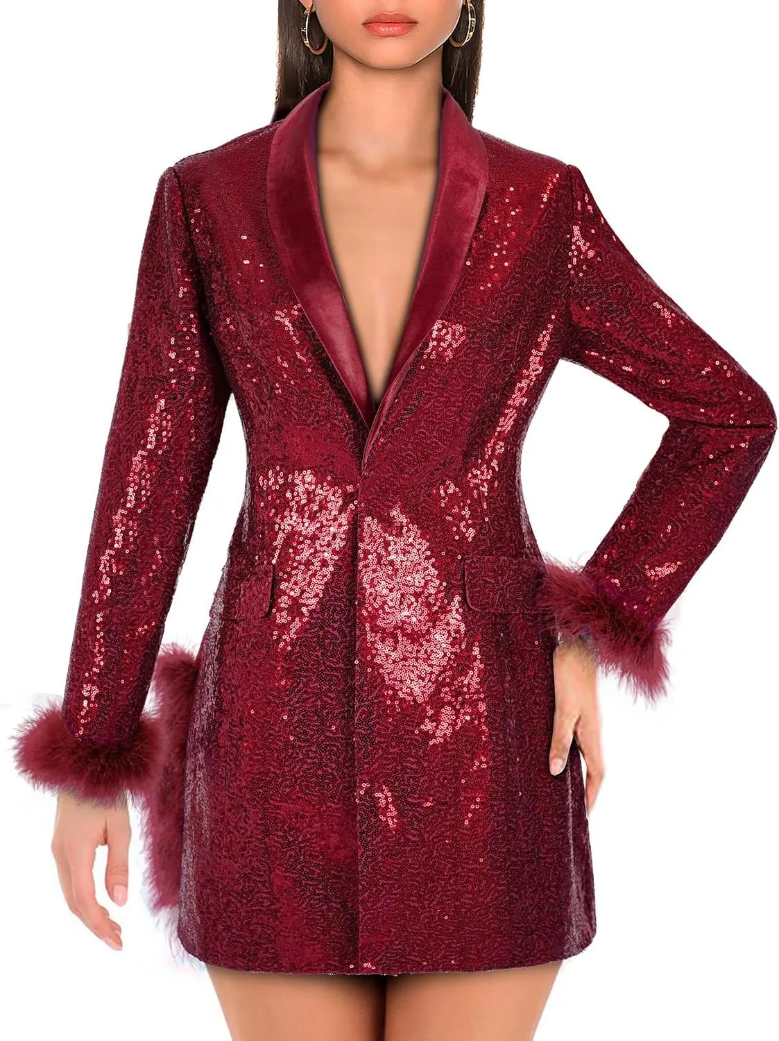 Women Sequin Jacket Long Sleeved Slim Blazer with Pocket