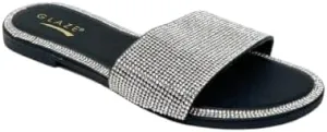 Women's Open Round Toe Glitter Rhinestones Detail flat sandals Honey-62
