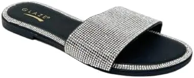Women's Open Round Toe Glitter Rhinestones Detail flat sandals Honey-62
