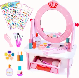 Wooden Vanity Set for Kids, Pretend Play Toddler Makeup Vanity Table Toys with 360° Rotatable Mirror, Beauty Salon Set Includes Makeup Accessories & Bonus Stickers, Little Girls Gift Age 3 