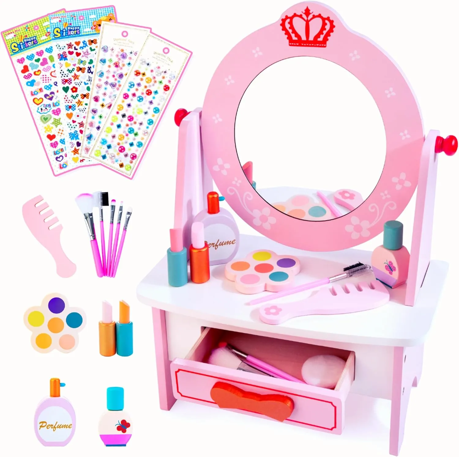 Wooden Vanity Set for Kids, Pretend Play Toddler Makeup Vanity Table Toys with 360° Rotatable Mirror, Beauty Salon Set Includes Makeup Accessories & Bonus Stickers, Little Girls Gift Age 3 