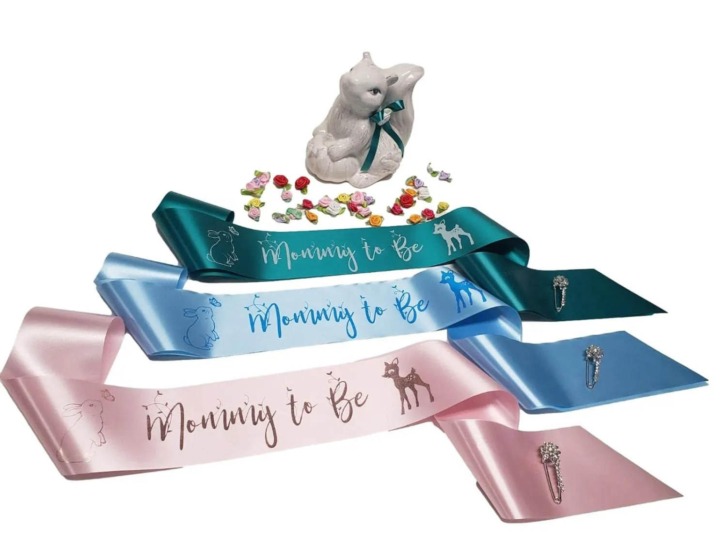 Woodland Mommy to be baby shower sash Animal Oh Deer Bunny for gender reveal by Amy's Bubbling Boutique Inc. (PINK)