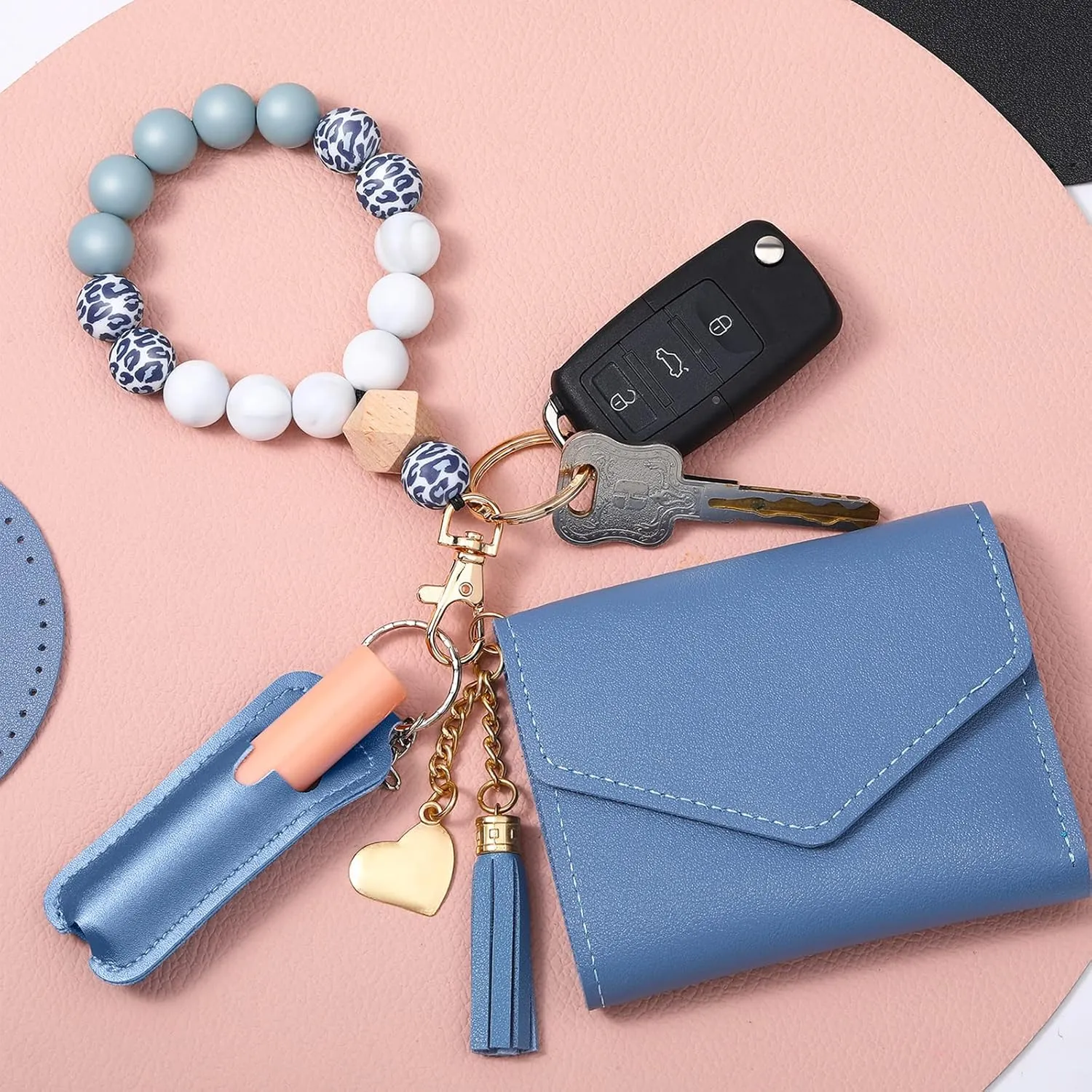 Wristlet Bracelet Keychain Wallet for Women Small Silicone Beaded KeyRing Purse Leather Card Holder Mother's Day Gift teacher