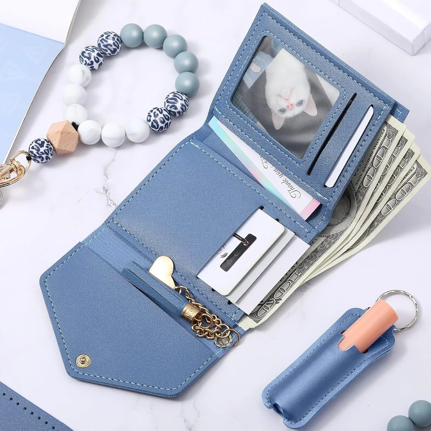 Wristlet Bracelet Keychain Wallet for Women Small Silicone Beaded KeyRing Purse Leather Card Holder Mother's Day Gift teacher
