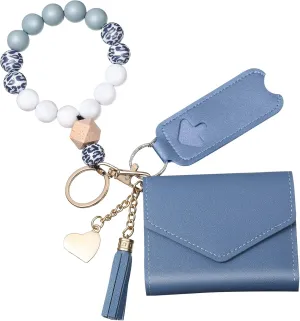 Wristlet Bracelet Keychain Wallet for Women Small Silicone Beaded KeyRing Purse Leather Card Holder Mother's Day Gift teacher