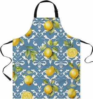 Yellow Lemon Waterproof Apron With Pockets, Blue Boho Bohemian Damask Paisley Kitchen Chefs Bib Cooking BBQ Grill Bake Adjustable Aprons for Women/Kids Home Garden Grooming Painting Gardening