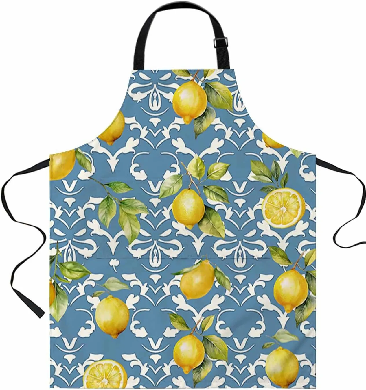 Yellow Lemon Waterproof Apron With Pockets, Blue Boho Bohemian Damask Paisley Kitchen Chefs Bib Cooking BBQ Grill Bake Adjustable Aprons for Women/Kids Home Garden Grooming Painting Gardening