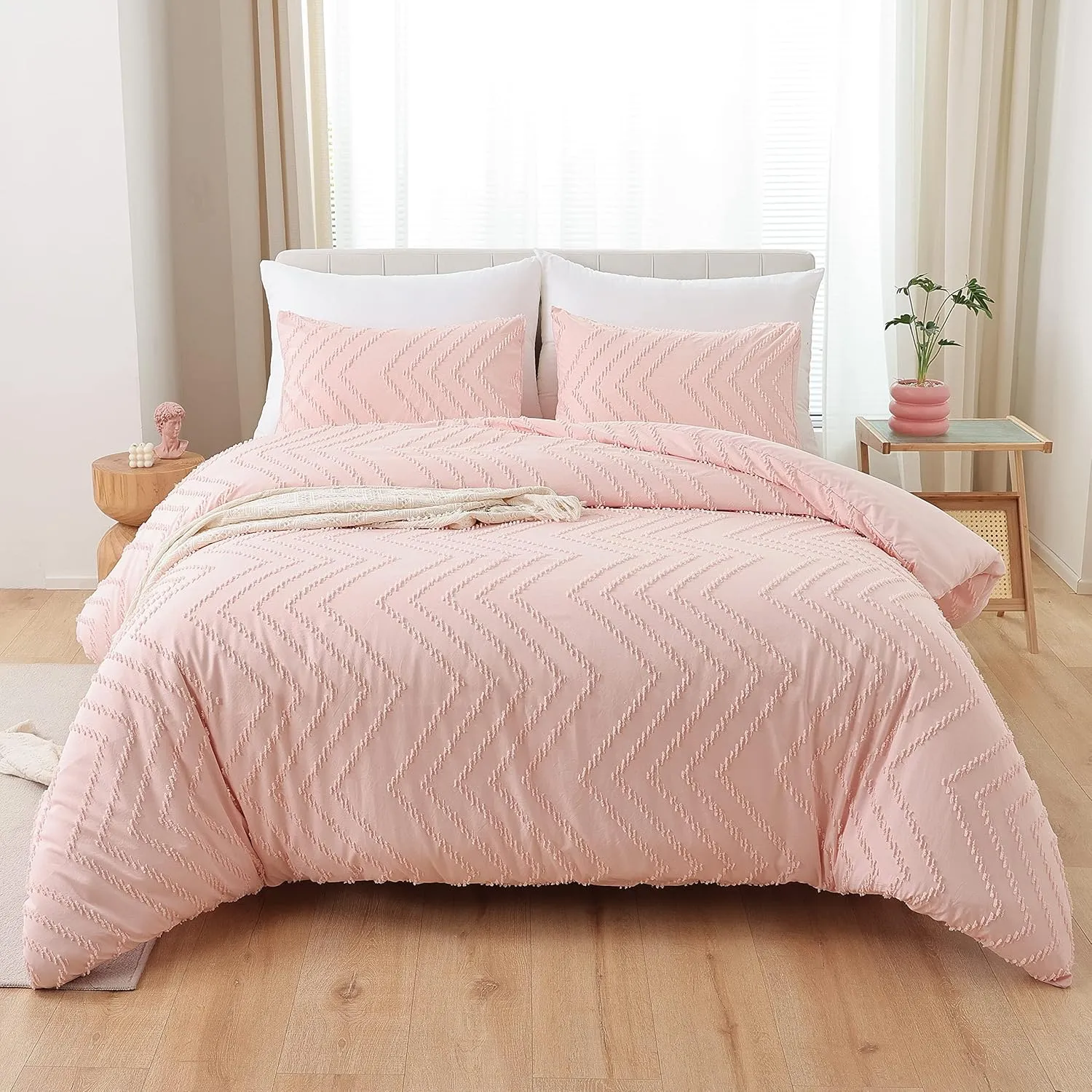YIRDDEO Pink Queen Size Comforter Set 3Pcs - Boho Chevron Blush Farmhouse Bedding, Vertical Tufted Lightweight Neutral Bed Set (1 Comforter, 2 Pillowcases)