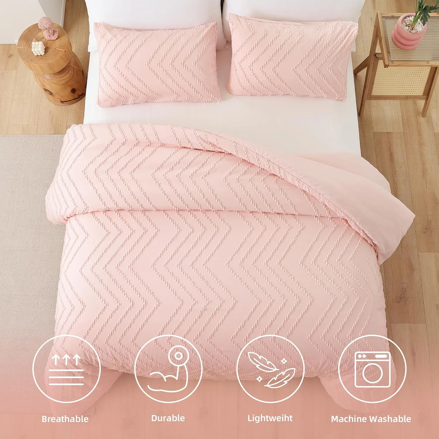 YIRDDEO Pink Queen Size Comforter Set 3Pcs - Boho Chevron Blush Farmhouse Bedding, Vertical Tufted Lightweight Neutral Bed Set (1 Comforter, 2 Pillowcases)
