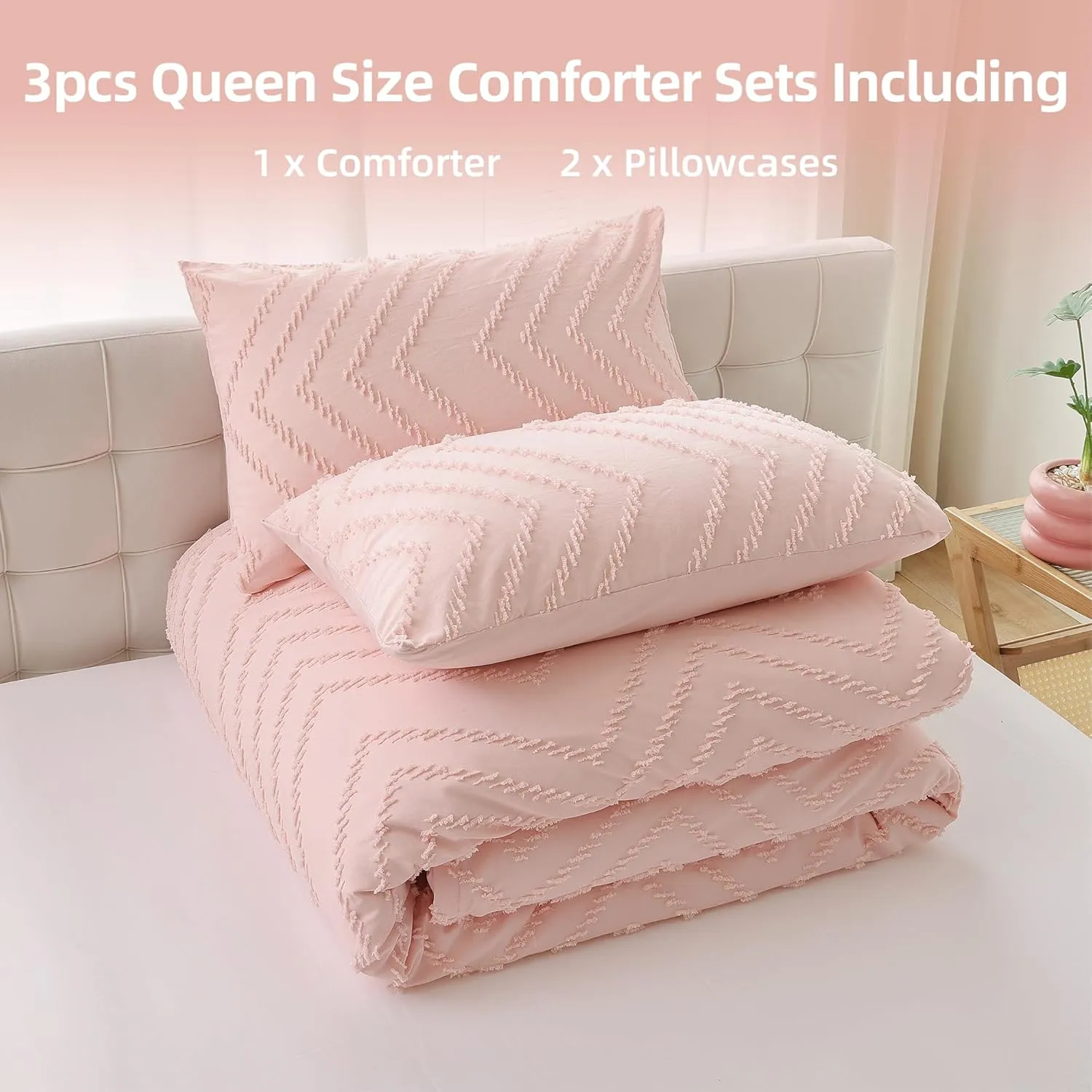 YIRDDEO Pink Queen Size Comforter Set 3Pcs - Boho Chevron Blush Farmhouse Bedding, Vertical Tufted Lightweight Neutral Bed Set (1 Comforter, 2 Pillowcases)
