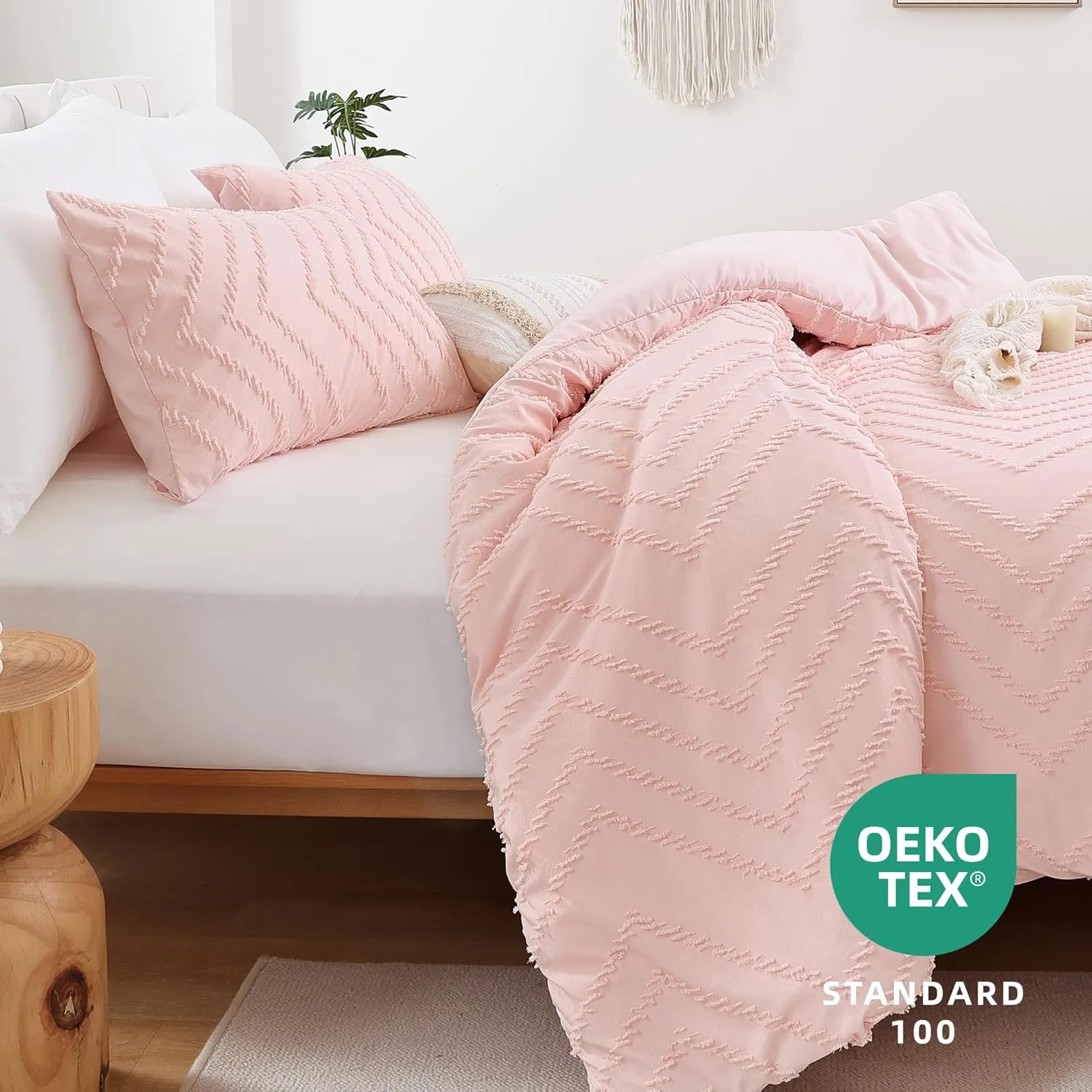 YIRDDEO Pink Queen Size Comforter Set 3Pcs - Boho Chevron Blush Farmhouse Bedding, Vertical Tufted Lightweight Neutral Bed Set (1 Comforter, 2 Pillowcases)