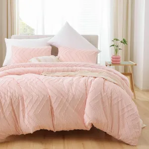 YIRDDEO Pink Queen Size Comforter Set 3Pcs - Boho Chevron Blush Farmhouse Bedding, Vertical Tufted Lightweight Neutral Bed Set (1 Comforter, 2 Pillowcases)