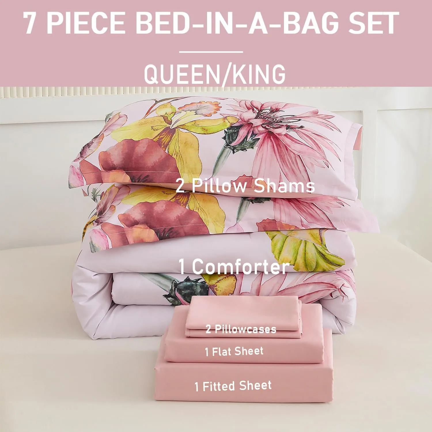Yogeneg King Size Comforter Set 7 Piece Bed in a Bag,Elegant Floral Botanical Pattern Pink Bedding Set,Soft Microfiber Comforter with Sheet Set,All Season Bed Set(Blush Floral,King)