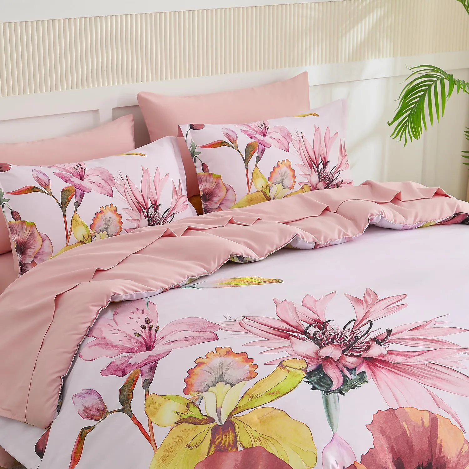Yogeneg King Size Comforter Set 7 Piece Bed in a Bag,Elegant Floral Botanical Pattern Pink Bedding Set,Soft Microfiber Comforter with Sheet Set,All Season Bed Set(Blush Floral,King)