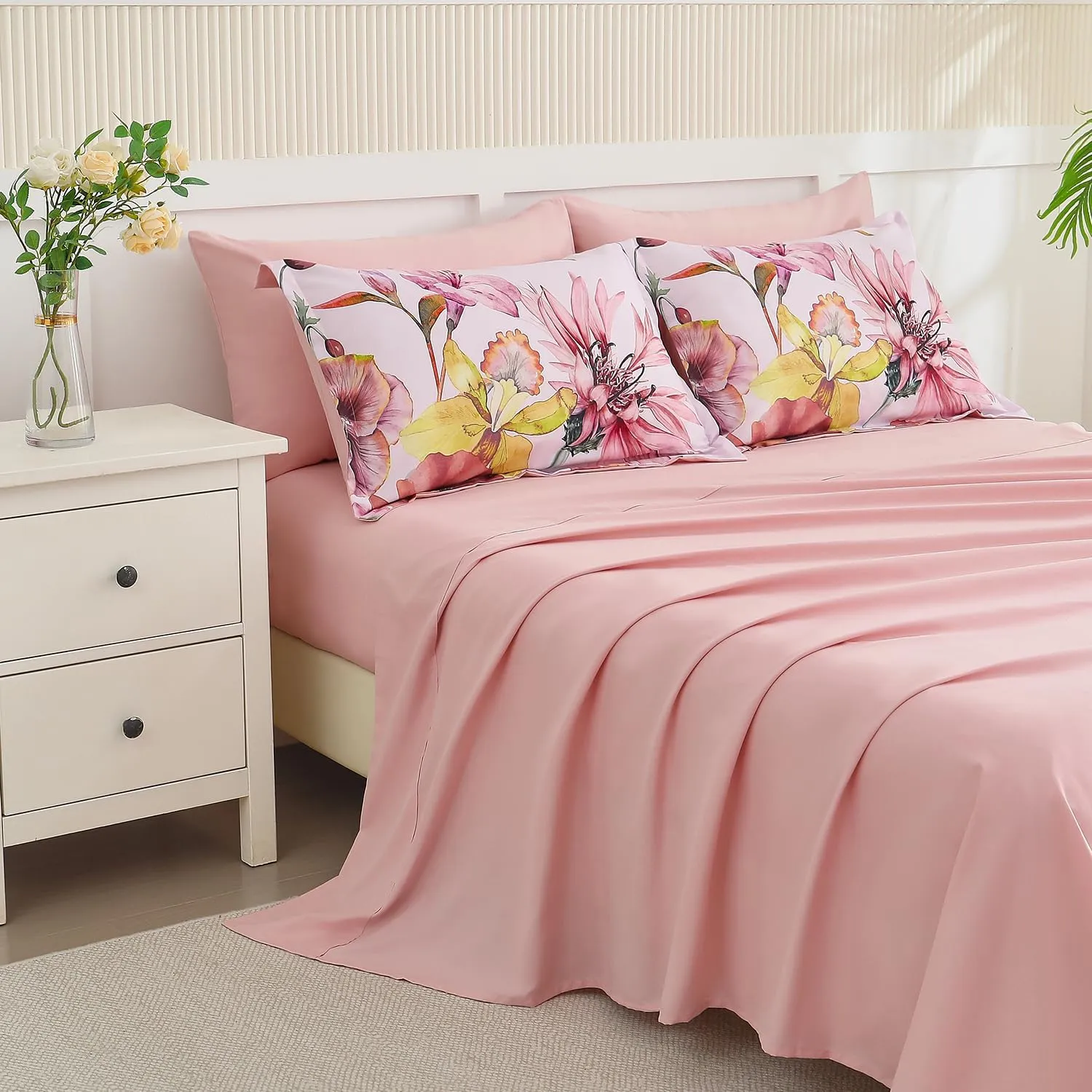 Yogeneg King Size Comforter Set 7 Piece Bed in a Bag,Elegant Floral Botanical Pattern Pink Bedding Set,Soft Microfiber Comforter with Sheet Set,All Season Bed Set(Blush Floral,King)