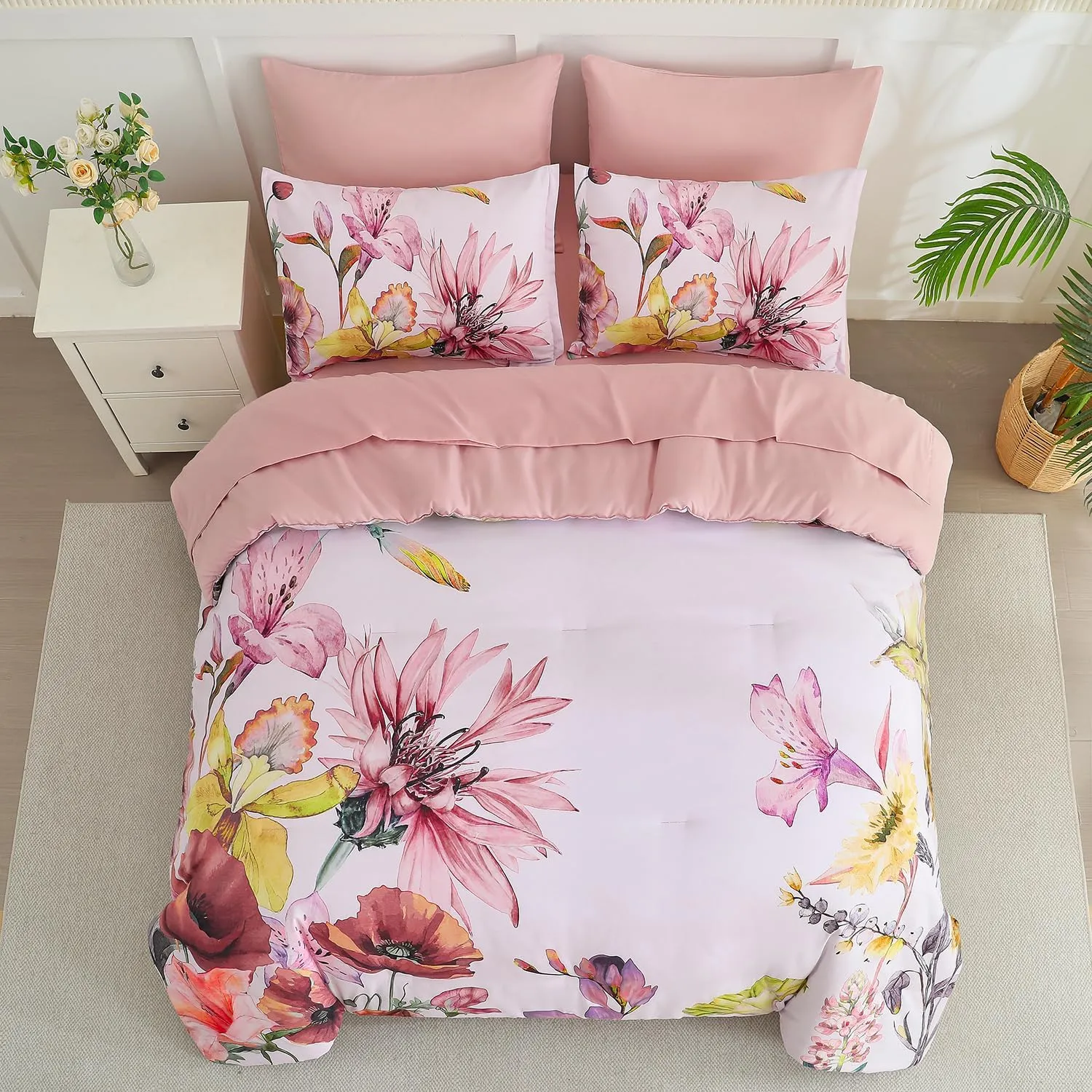 Yogeneg King Size Comforter Set 7 Piece Bed in a Bag,Elegant Floral Botanical Pattern Pink Bedding Set,Soft Microfiber Comforter with Sheet Set,All Season Bed Set(Blush Floral,King)